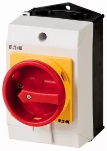 Eaton Hauptschalter, T0, 20 A, Aufbau, 2 Baueinheit(en), 3-polig, 1 Schließer, NOT-AUS-Funktion, mit rotem Drehgriff und gelbem Sperrkranz 222601
