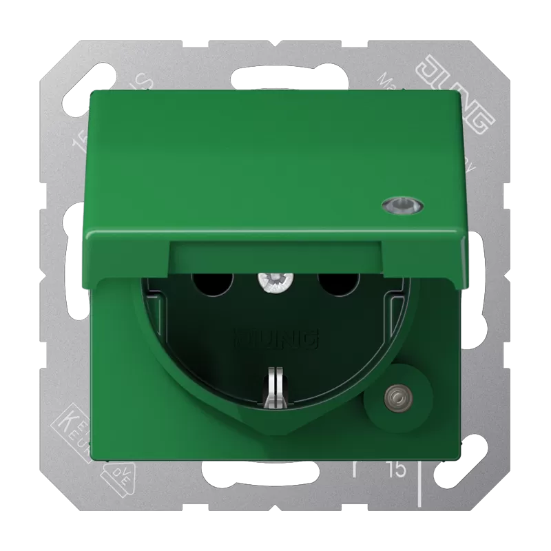 Jung SCHUKO Steckdose, 16 A 250 V ~, ohne Krallen, mit Funktionsanzeige, integrierter erhöhter Berührungsschutz, Klappdeckel, Thermoplast, Serie AS, grün ( AS1520BFKLKOGN