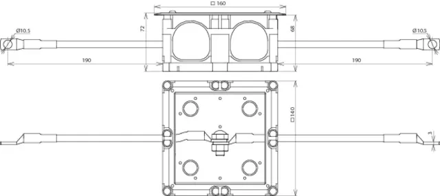 Dehn Trennstellenkasten 160x160x68mm mit 2 Cu-Leitungen 16mm² L ca. 230mm 476016
