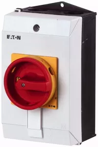 Eaton Hauptschalter, T0, 20 A, Aufbau, 4 Baueinheit(en), 6-polig, 1 Schließer, 1 Öffner, NOT-AUS-Funktion, mit rotem Drehgriff und gelbem Sperrkranz, abschl 207161