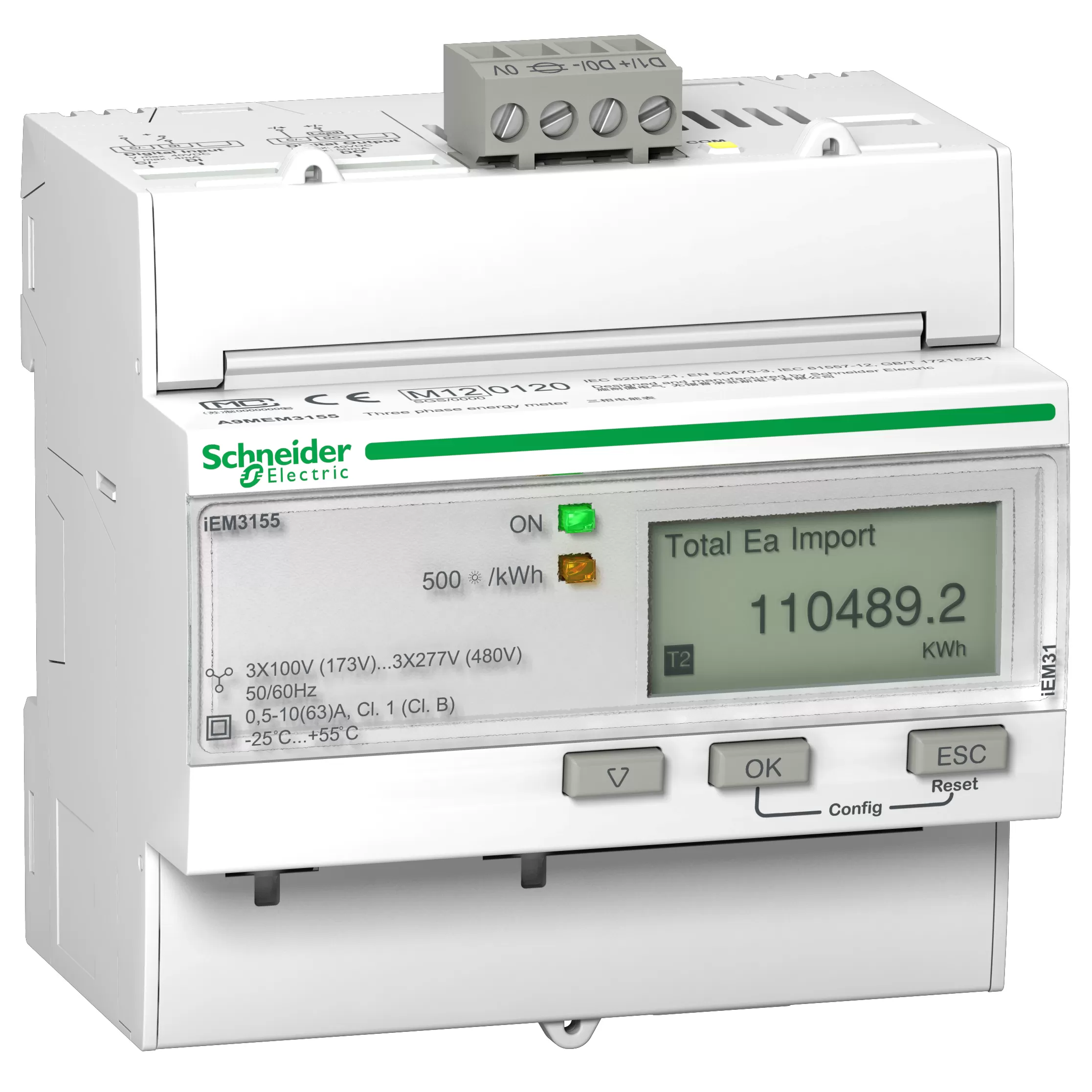 Schneider Electric Energiezähler, 3-phasig, 63A, erweiterte Messfunktion, Modbus, 1E/1A, MIDkonform A9MEM3155