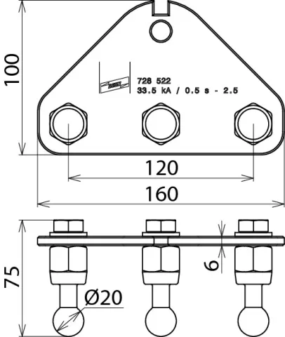 Dehn Erdanschlussplatte m. Bohrung 12,5mm u. 3 Kugelfestpunkten D 20mm 728522