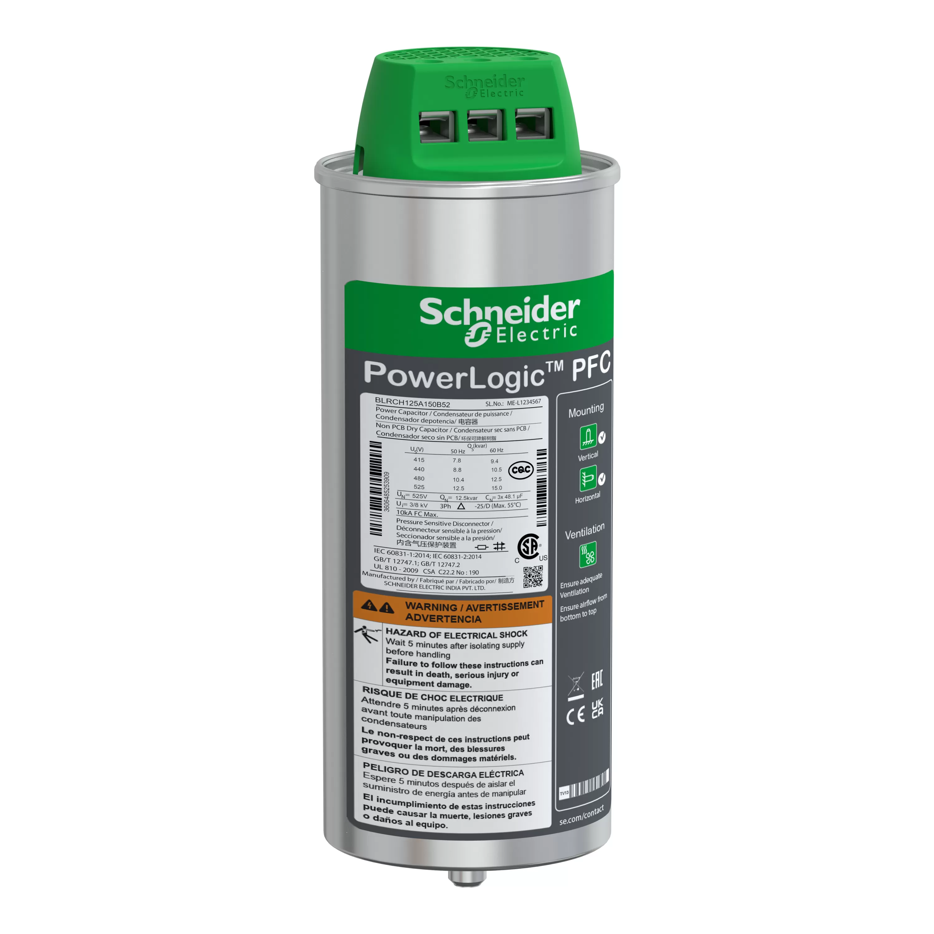Schneider Electric Hochleistungskondensator, PowerLogic PFC HD, 12,5/15kvar, 525V, 50/60Hz BLRCH125A150B52