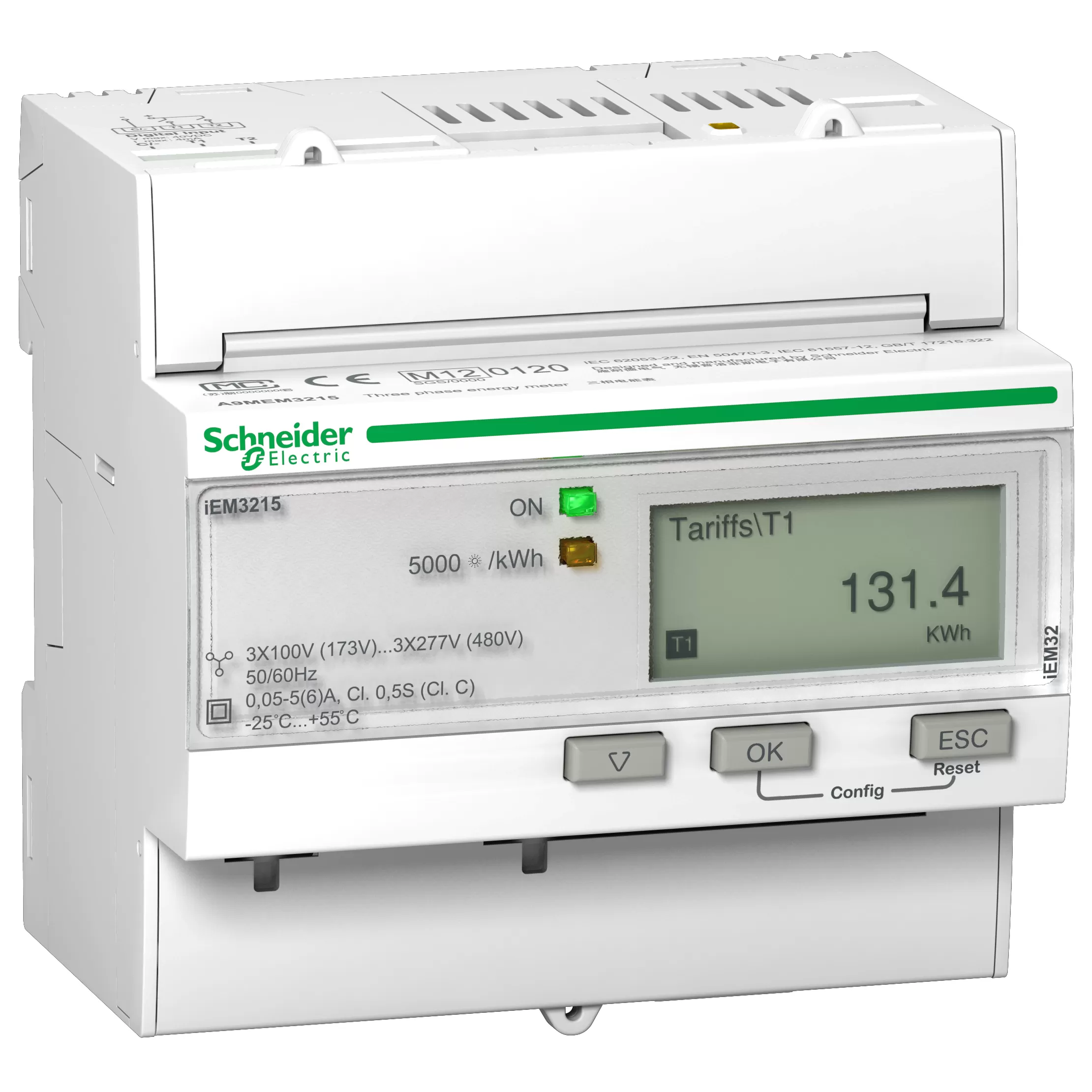 Schneider Electric Energiezähler, 3-phasig, 5A, mit Teilzähler, 4 Tarife, MID konform A9MEM3215