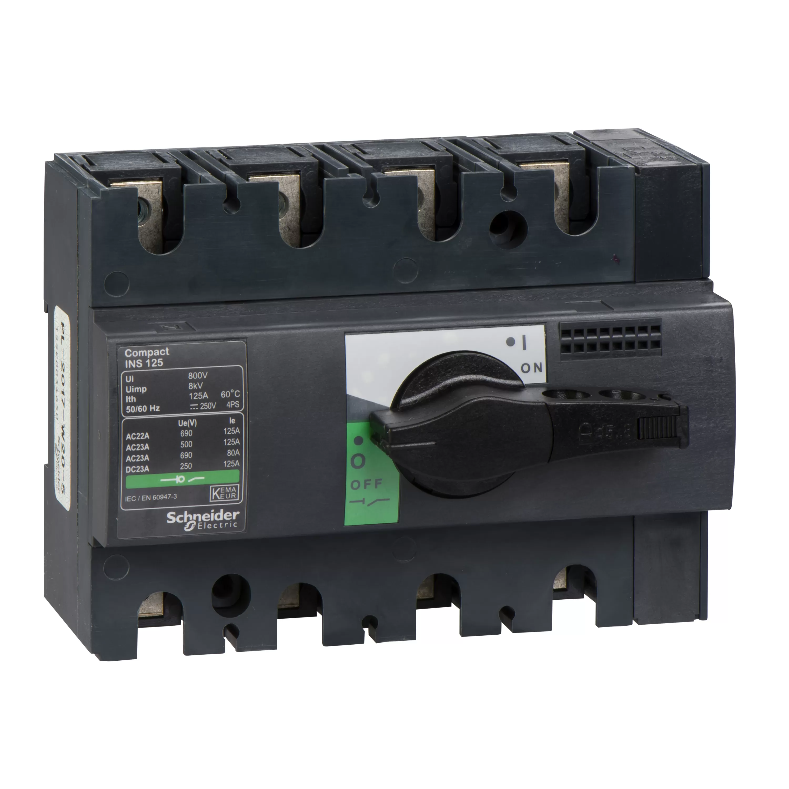 Schneider Electric Lasttrennsch. INS125,4P, 125A/690V AC/250V DC,Drehantrieb schwarz 28911