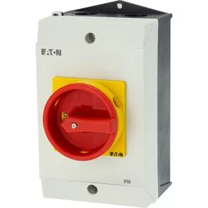 Eaton Hauptschalter, P1, 32 A, Aufbau, 3-polig, 1 Schließer, 1 Öffner, NOT-AUS-Funktion, mit rotem Drehgriff und gelbem Sperrkranz, abschließbar in 0-Stellu 207318