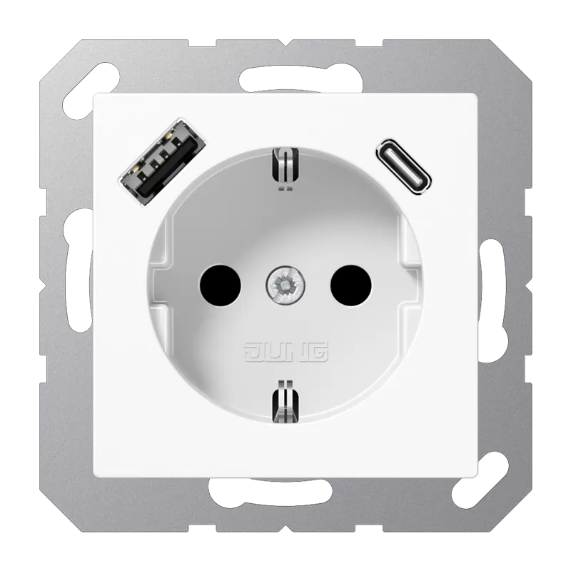 Jung SCHUKO Steckdose 16 A 250 V ~, mit USB-Ladegerät 1 x Typ A + 1 x Typ C, integrierter erhöhter Berührungsschutz, Serie AS/A, alpinweiß A1520-15CAWW
