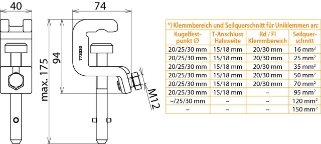 Dehn Universalklemme D 25/30mm T 18mm u.Rund- /Flachleiter bis 30mm m. Spindel-Q-Stift 773330