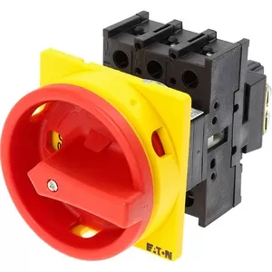 Eaton Hauptschalter, P1, 25 A, Einbau, 3-polig, NOT-AUS-Funktion, mit rotem Drehgriff und gelbem Sperrkranz, abschließbar in 0-Stellung 041097