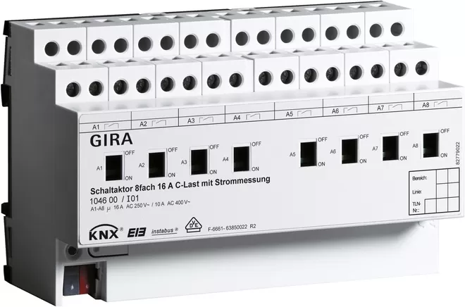 Gira Schaltaktor 8f 16 A Hand + Strom C-Last KNX REG 104600