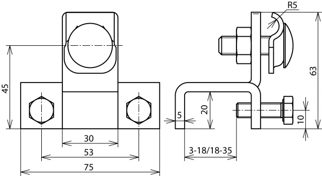 Dehn Anschlussklemme  senkrecht NIRO f. Profile 3-18mm m. Klemmbock 372119