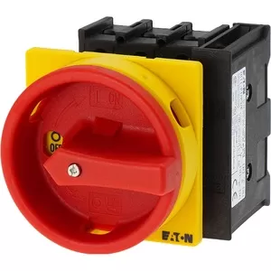 Eaton Hauptschalter, P1, 32 A, Einbau, 3-polig, 1 Schließer, 1 Öffner, NOT-AUS-Funktion, mit rotem Drehgriff und gelbem Sperrkranz, abschließbar in 0-Stellu 072567