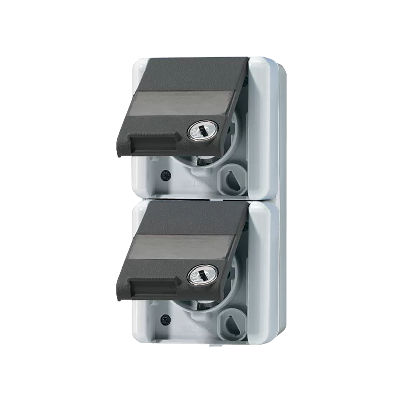 Jung SCHUKO® Zweifach-Steckdose, 2 Leitungseinführungen, 2 Einzelabdeckungen, 16 A 250 V ~, mit Schriftfeld, Klappdeckel, mit Sicherheitsschloss, senkrecht 822NAWSL