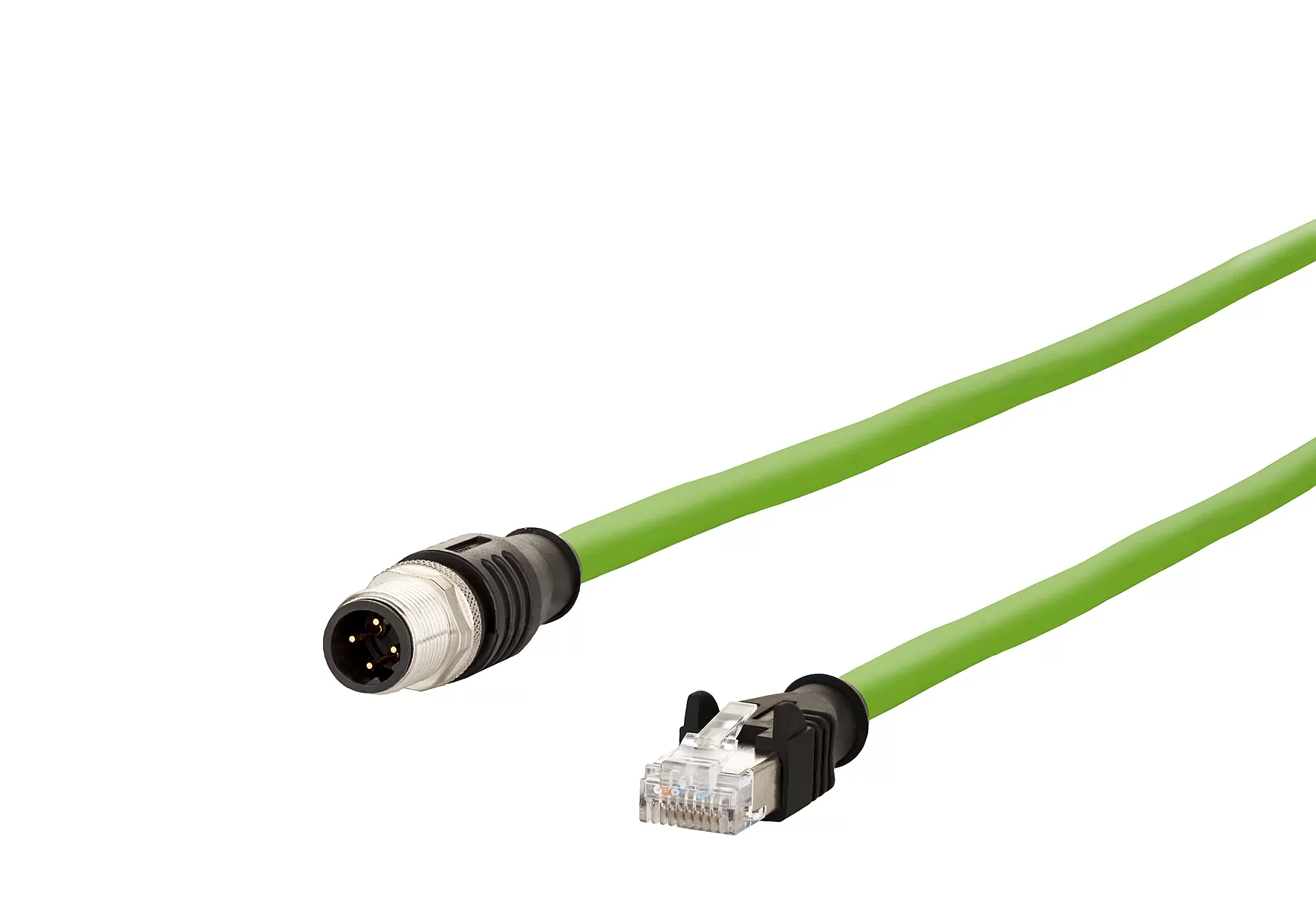 Metz Connect Verbindungsleitung M12, D-kodiert, 5,0 m, AWG 26/19, Cat.5, M12 Stecker gerade - RJ45 Stecker gerade, schleppkettent., torsionsf., 4-polig, PUR, grün 142M4D15050