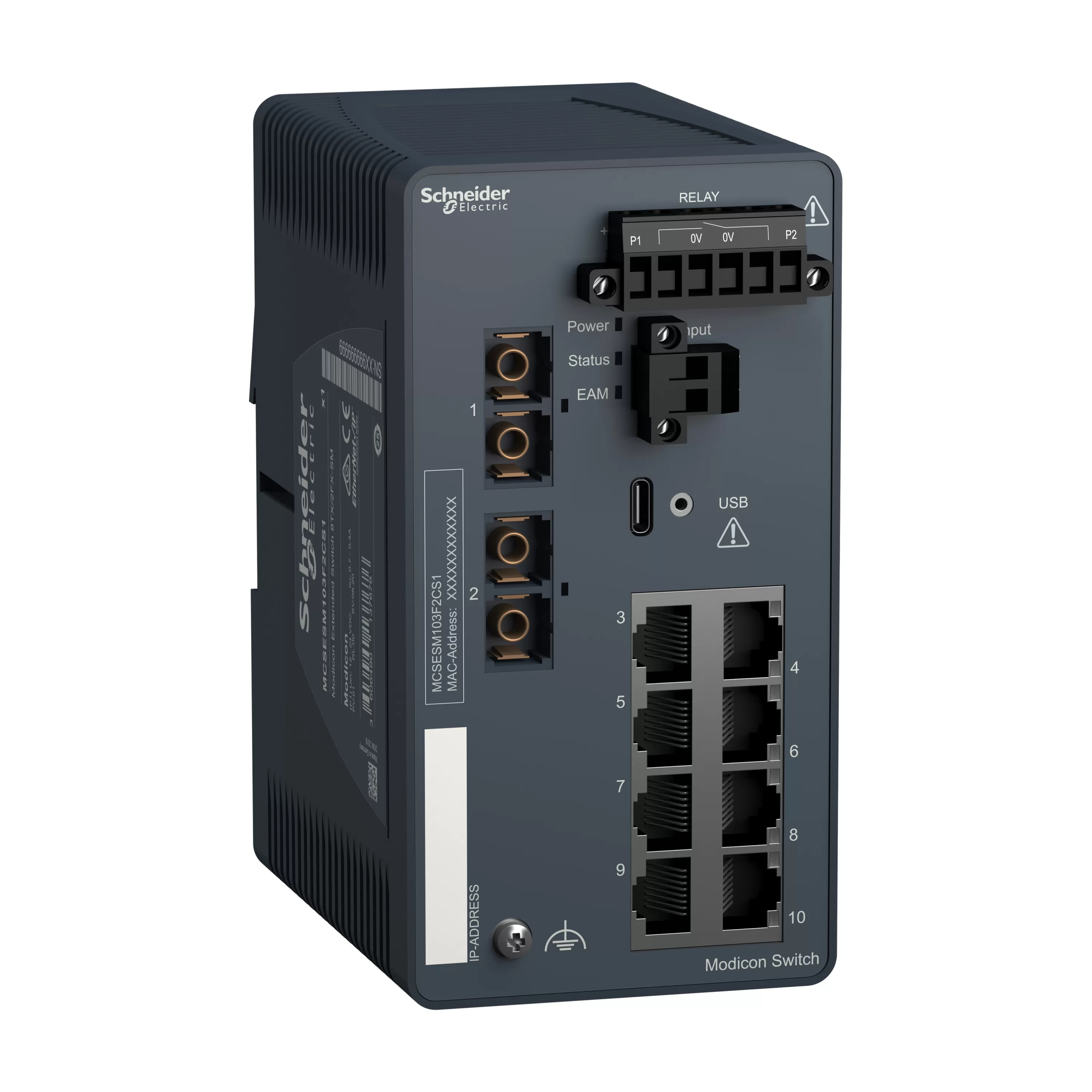 Schneider Electric Modicon Extended Managed Switch, 8 Ports für Kupfer (8TX 10/100 Mbit/s) + 2 für Glasfaser Singlemode (2FX-SM 100 Mbit/s) MCSESM103F2CS1