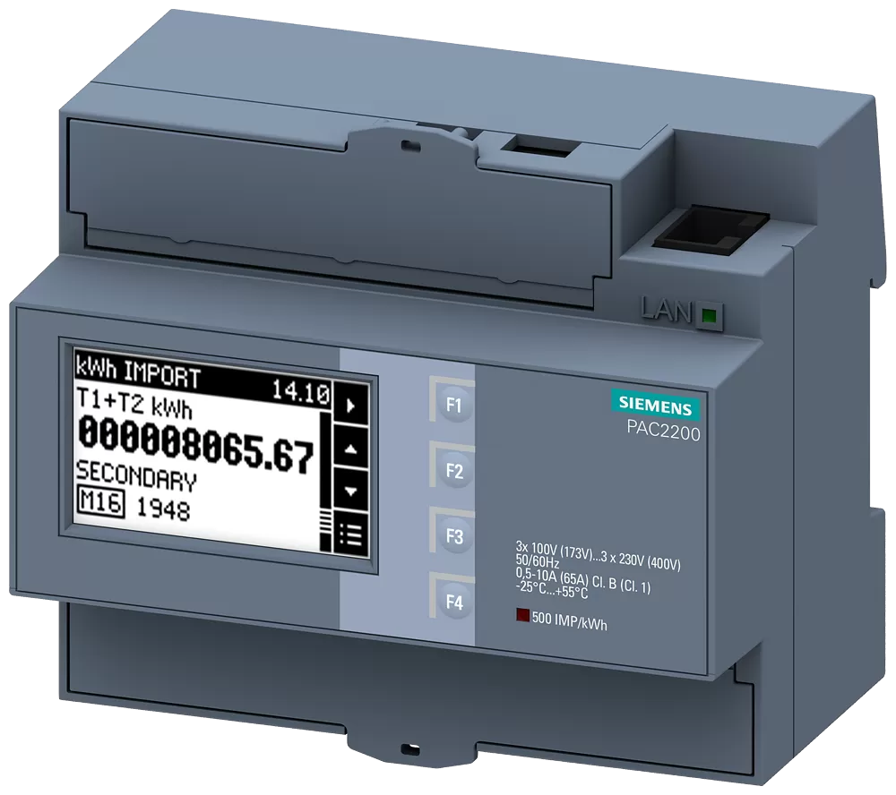 Siemens SENTRON Messgerät 7KM PAC2200, 3-phasig, 65 A, Hutschiene, Modbus TCP, MID 7KM22002EA401JA1