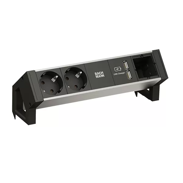 Bachmann DESK2 ALU BLACK 2xCEE7/3 1xCM 1xUSB Charger 0,2m GST18 937.001