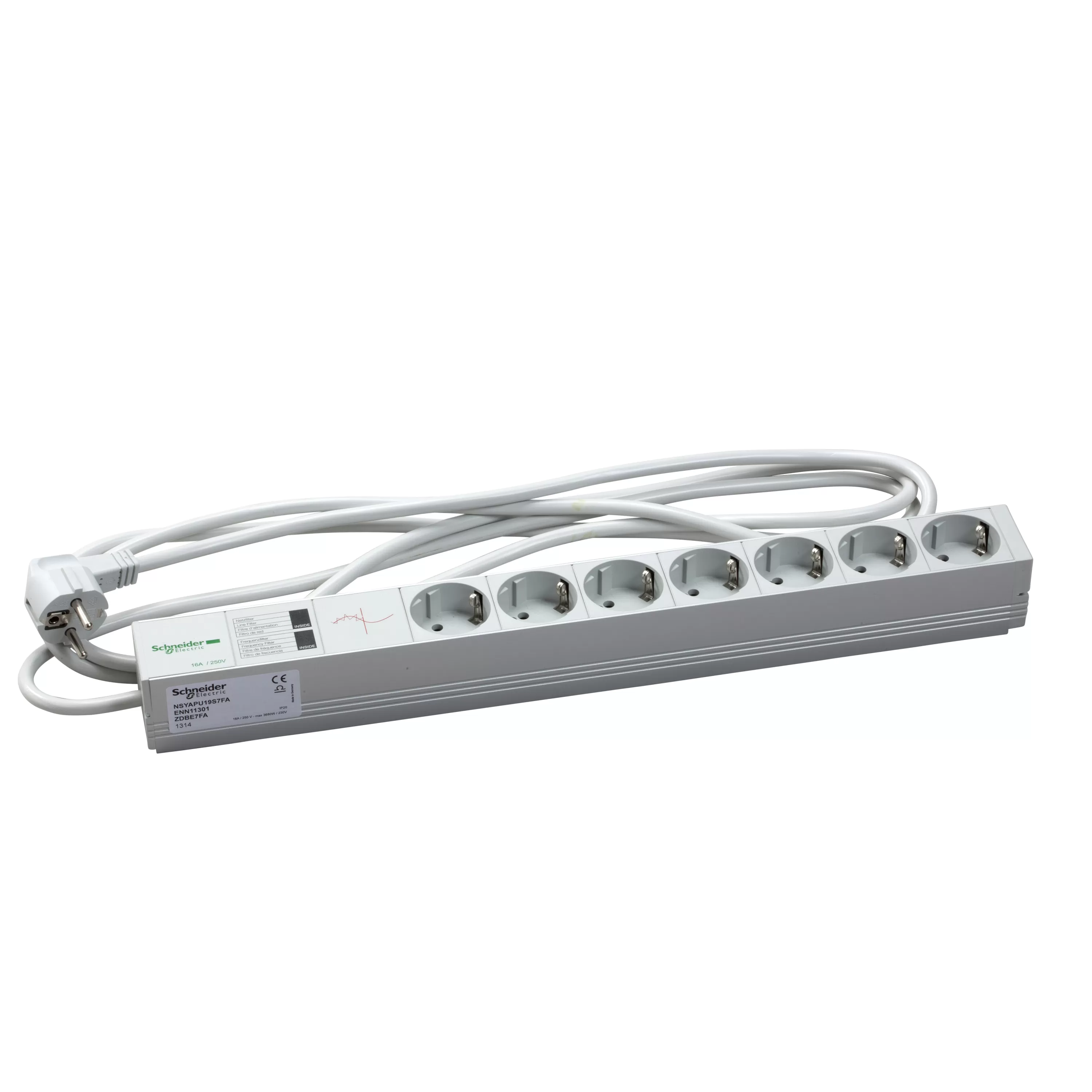 Schneider Electric Actassi, 1HE Stromverteilerschiene, 7 Steckdosen+Filter 19P VDE NSYAPU19S7FA