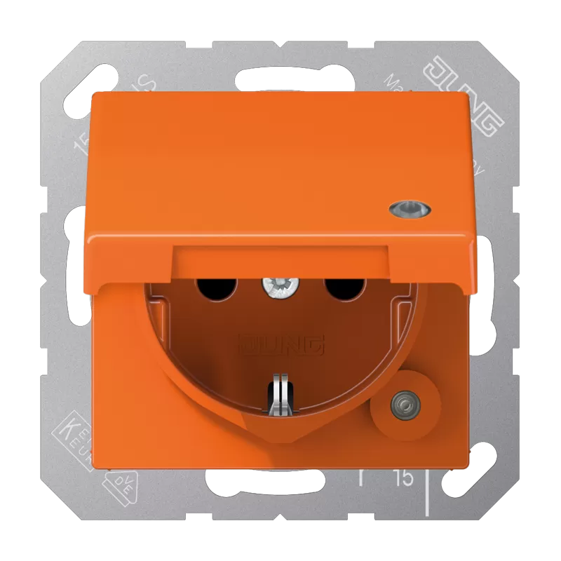 Jung SCHUKO Steckdose, 16 A 250 V ~, mit Funktionsanzeige, integrierter erhöhter Berührungsschutz, Klappdeckel, Thermoplast, Serie A, orange (für ZSV) A1520BFKLKOO