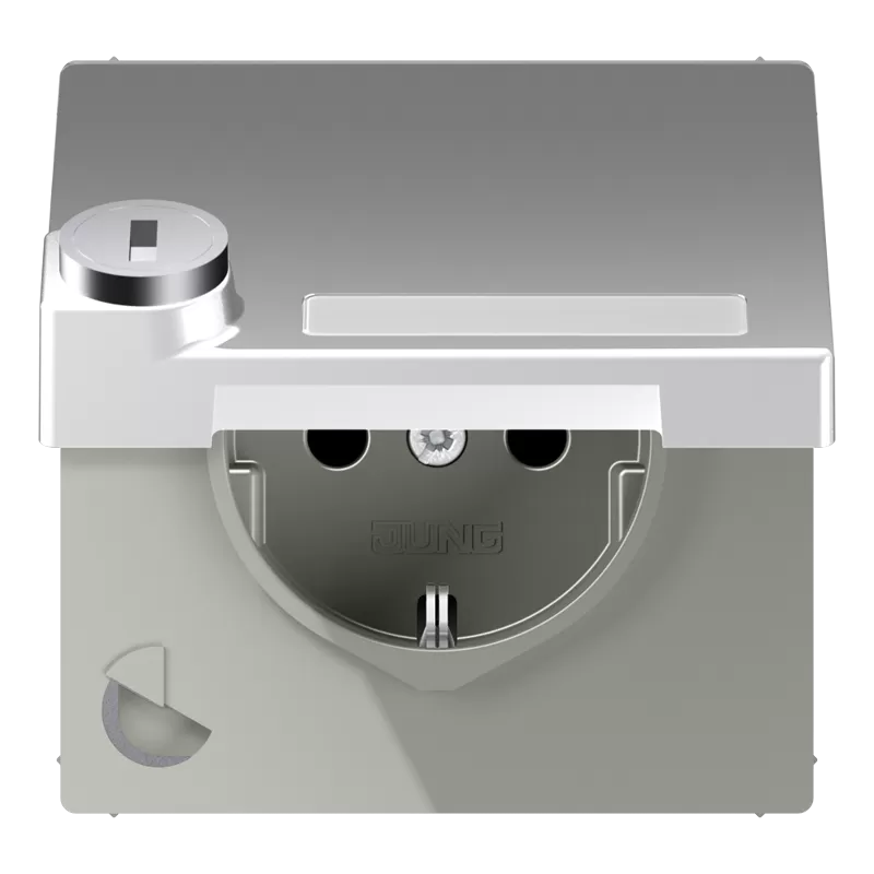 Jung SCHUKO Steckdose, 16 A 250 V ~, integrierter erhöhter Berührungsschutz, Klappdeckel, mit Sicherheitsschloss, Thermoplast lackiert, Serie LS, Aluminium AL1520NAKLSL