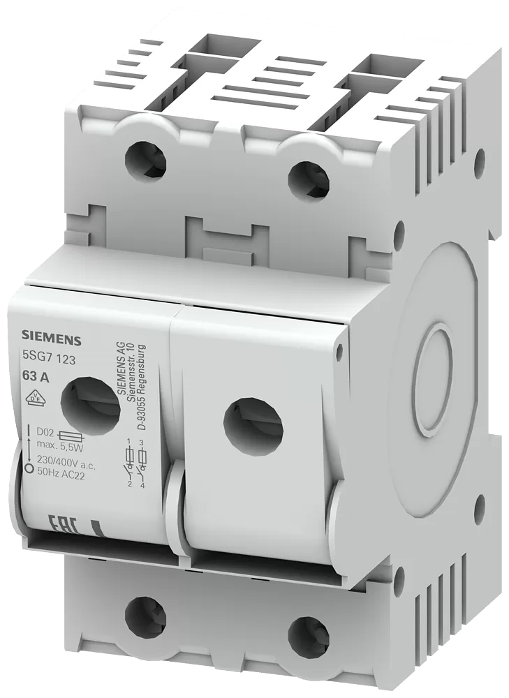 Siemens MINIZED, Lasttrennschalter mit Sicherungen, D02, 2-polig, In: 63 A, Un AC: 400 V 5SG7123