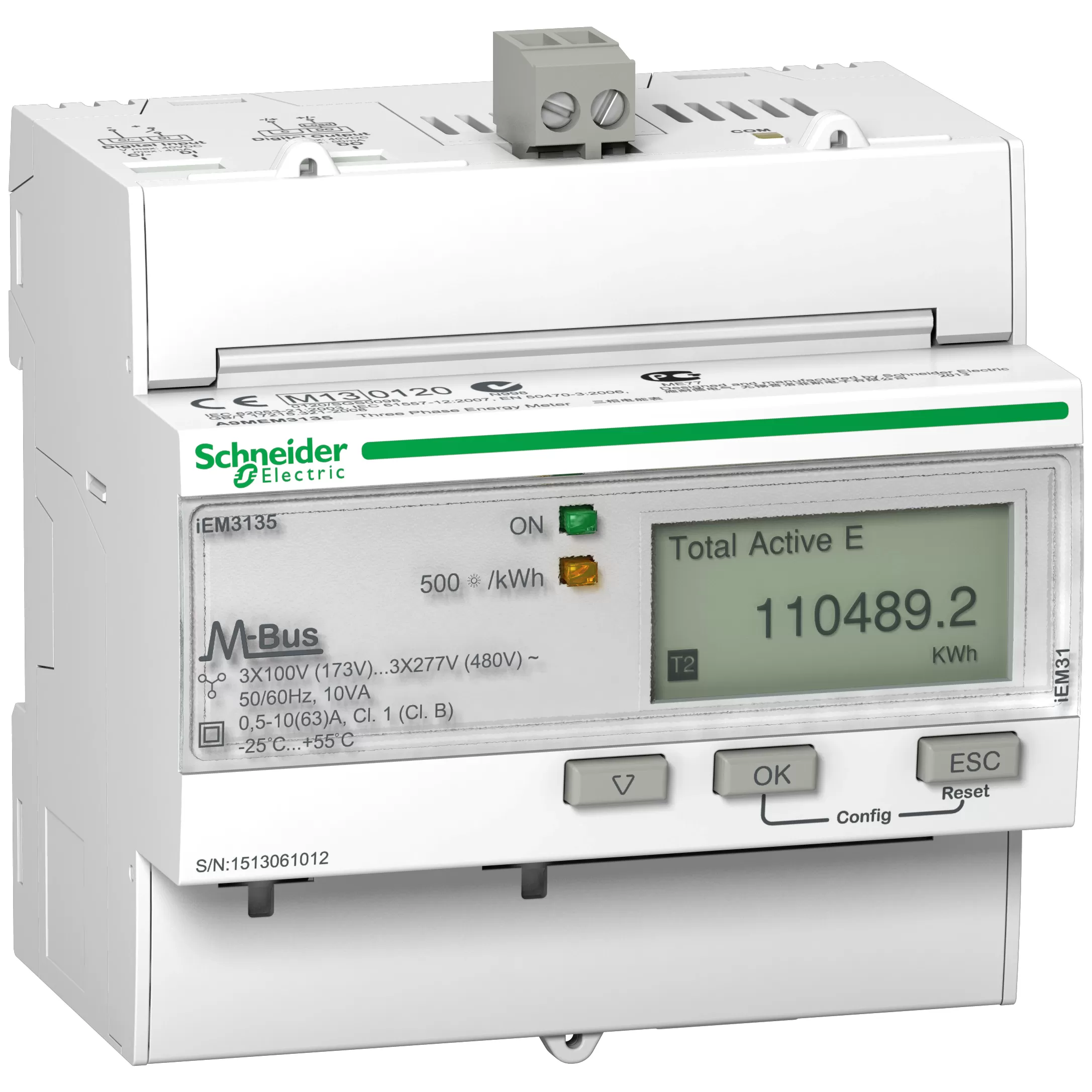 Schneider Electric Energiezähler, 3-phasig, 63A, erweiterte Messfunktion, M-Bus, 1E/1A, MID konform A9MEM3135