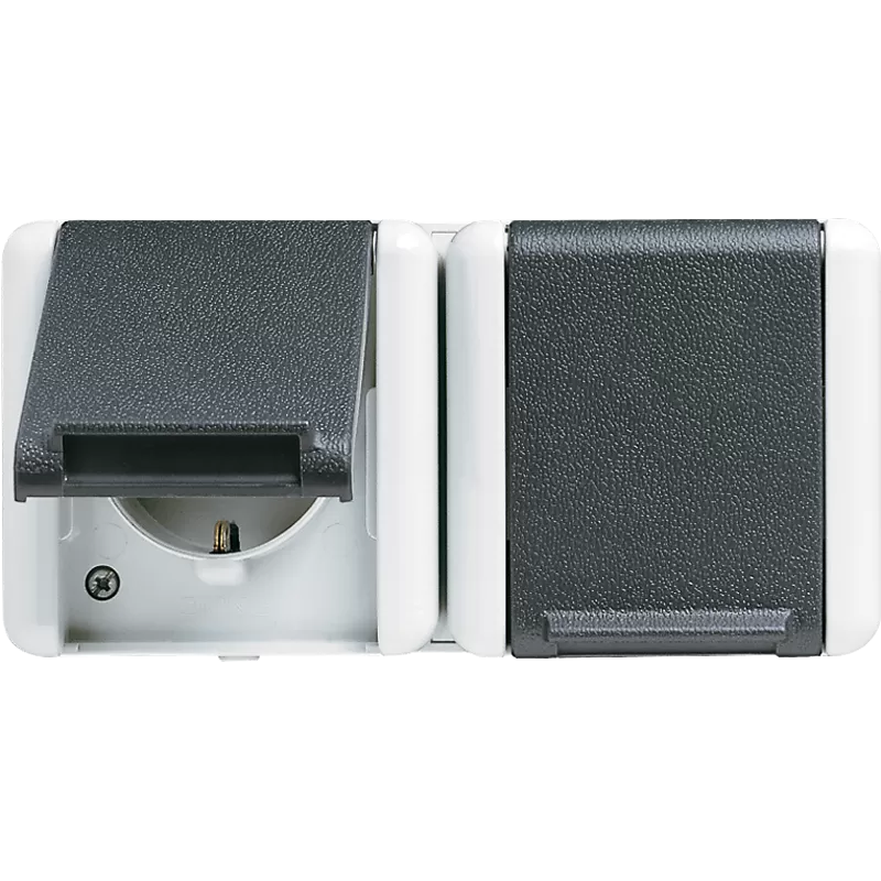 Jung SCHUKO® Zweifach-Steckdose, 4 Leitungseinführungen, 2 Einzelabdeckungen, 16 A 250 V ~, Klappdeckel, waagerecht, IP 44, WG 800 8220W