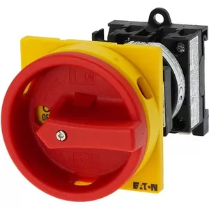 Eaton Hauptschalter, T0, 20 A, Zwischenbau, 1 Baueinheit(en), 2-polig, NOT-AUS-Funktion, mit rotem Drehgriff und gelbem Sperrkranz, abschließbar in 0-Stellu 095824