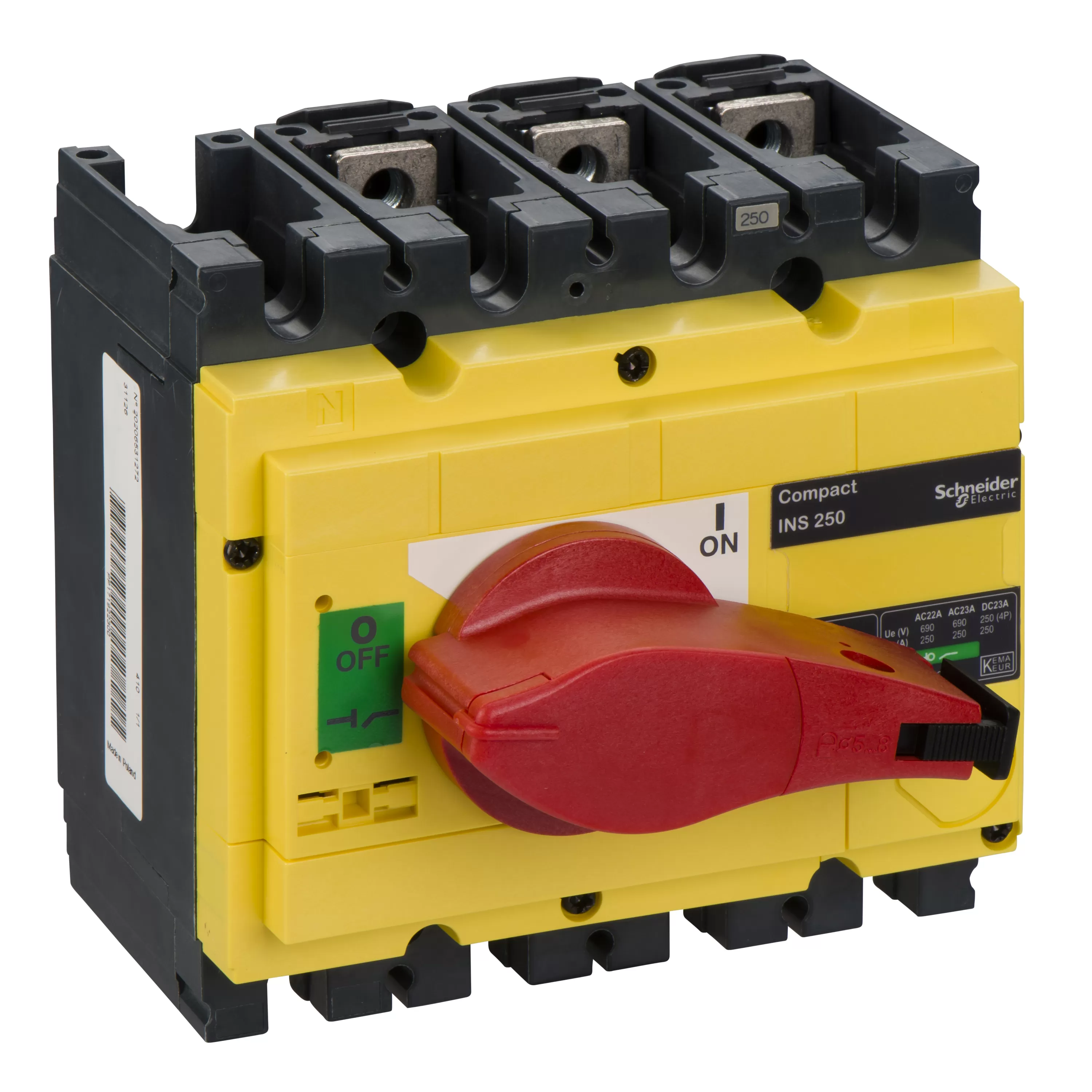 Schneider Electric Lasttrennsch. INS250,3P, 250A/690V AC/250V DC,Drehantrieb rot/Grund gelb 31126