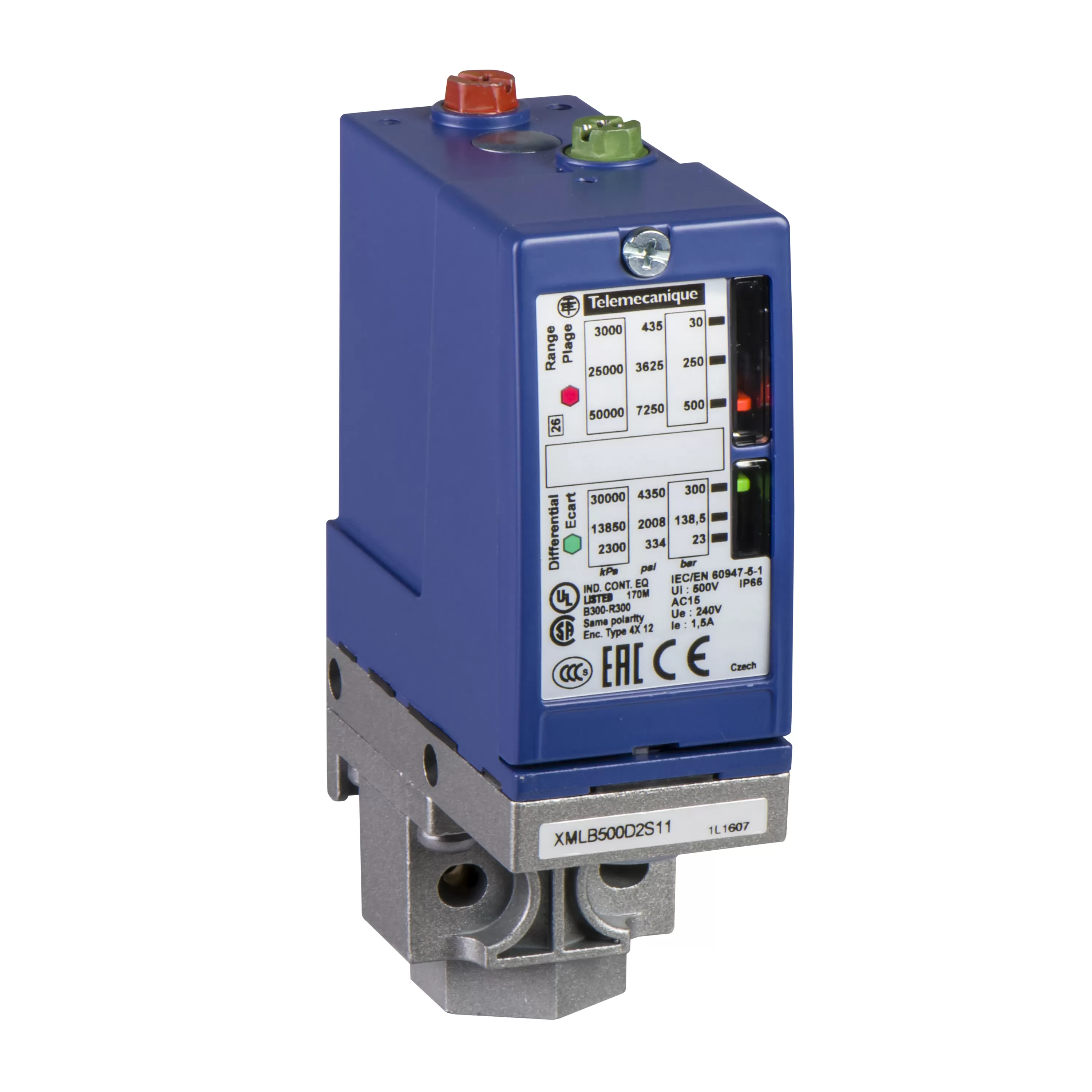 Yageo XMLB-Druck- und Vakuumschalter - 5 Bar, einstellb. Hyst., 2 Schaltp, 1Ö/1S, Pg13 XMLBM05A2S11