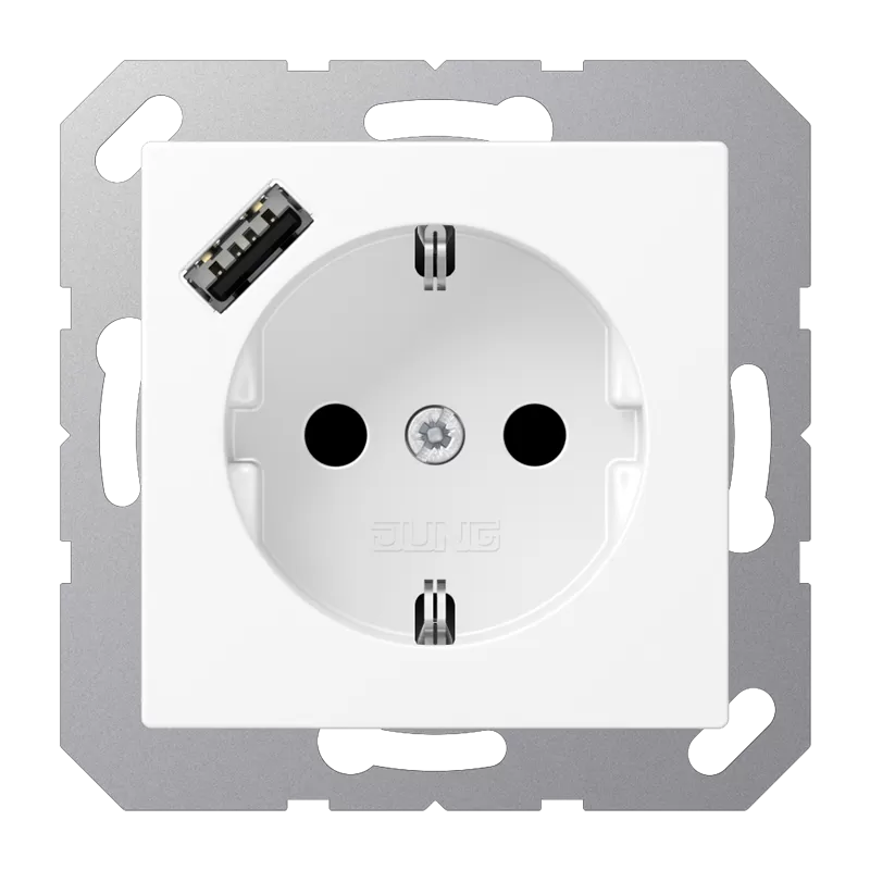 Jung SCHUKO Steckdose 16 A 250 V ~, mit USB-Ladegerät 1 x Typ A, integrierter erhöhter Berührungsschutz, Serie A, schneeweiß matt A1520-18AWWM