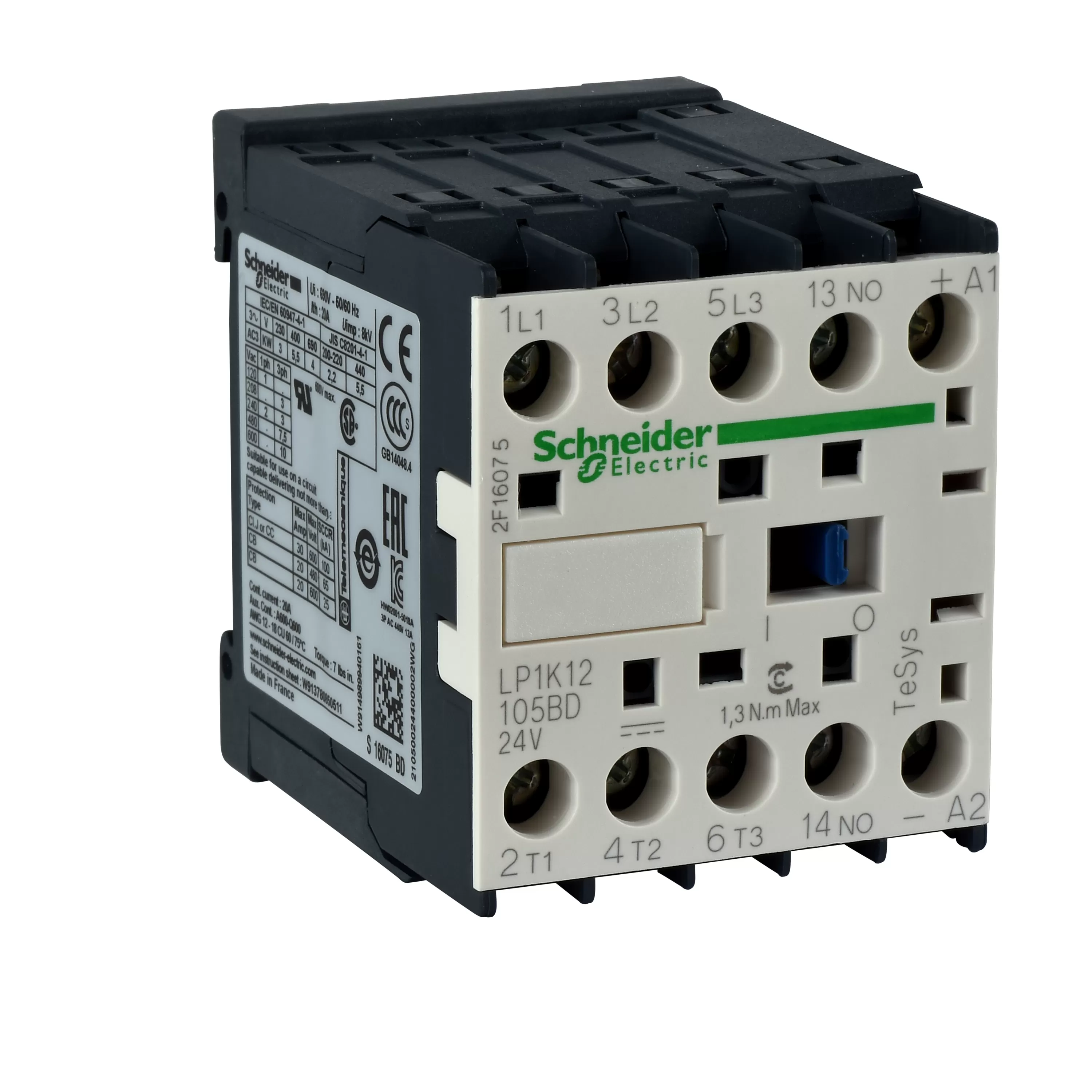 Schneider Electric Leistungsschütz LP1K 3p, +1S, 2.2 kW, 6 A, 400 V AC3, Spule 24 V DC LP1K06105BD