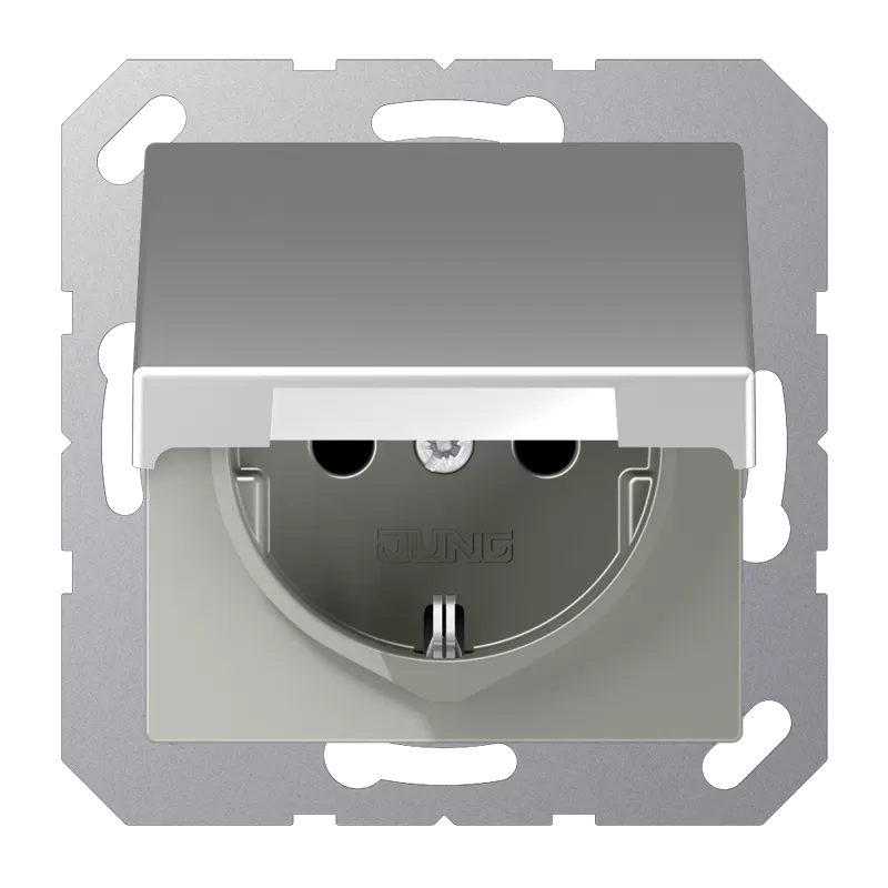 Jung SCHUKO Steckdose, 16 A 250 V ~, ohne Krallen, Klappdeckel, Thermoplast lackiert, Serie A, aluminium A1520NBFKLAL