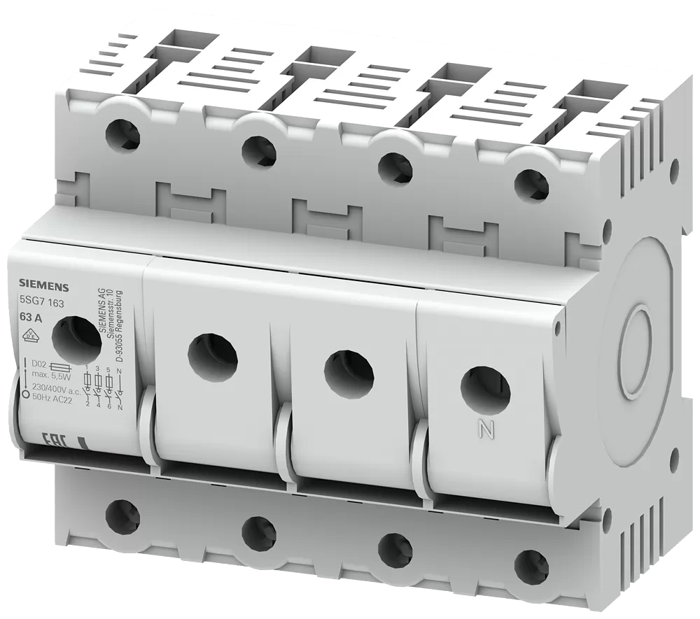 Siemens MINIZED, Lasttrennschalter mit Sicherungen, D02, 3P+N, In: 63 A, Un AC: 400 V 5SG7163