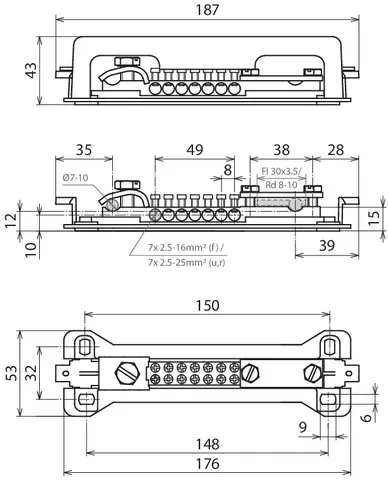 Dehn Potentialausgleichschiene m. Abdeck. 7x 2,5-25mm² Fl 30x3,5mm Rd 7-10mm 563050
