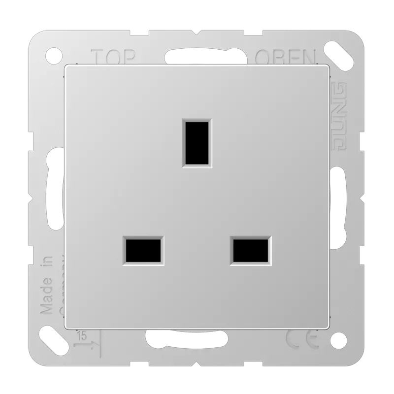 Jung Steckdose, 13 A 250 V ~, Schraubklemmen BS 1363-1, 4 mm2, ohne Krallen, integrierter erhöhter Berührungsschutz, Duroplast lackiert, Serie A, aluminium A3521AL