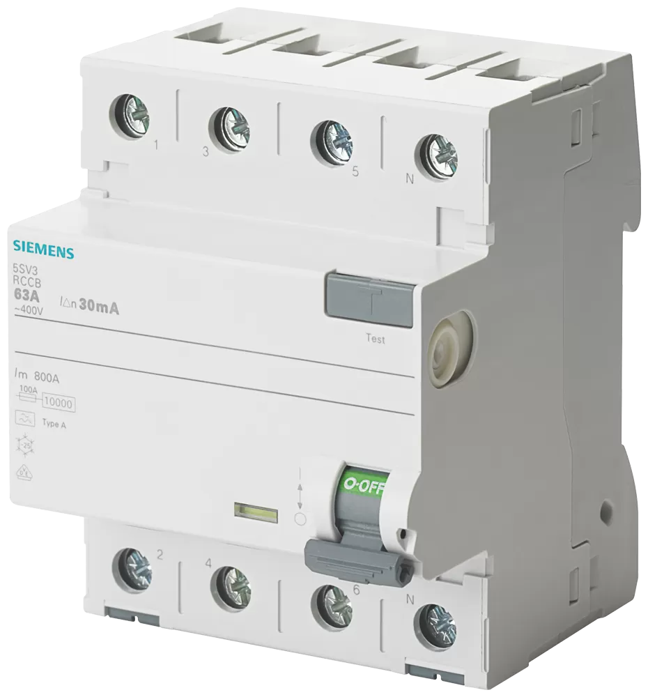 Siemens FI-Schutzschalter, 4-polig, Typ A, In: 40 A, 500 mA, Un AC: 400 V 5SV37446