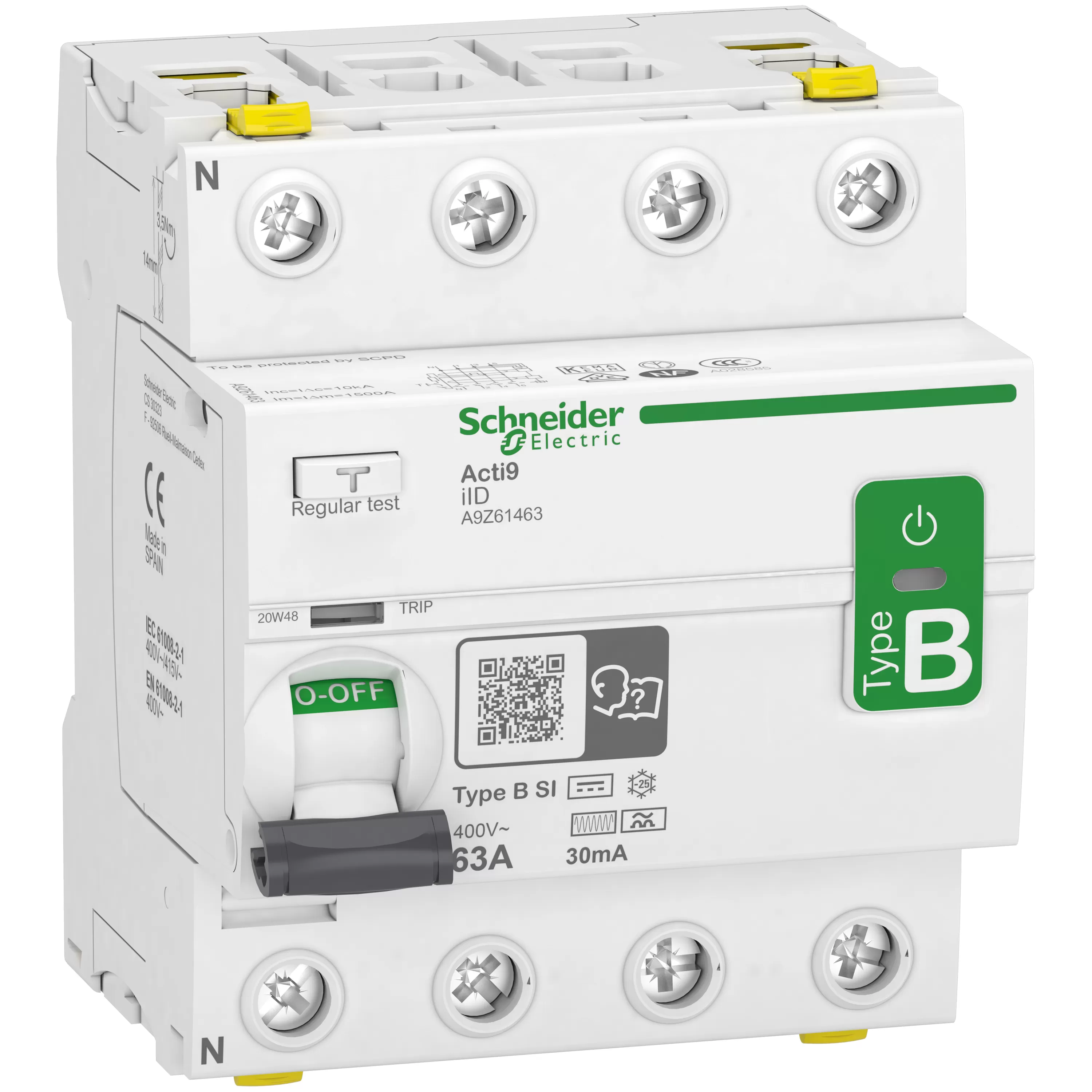 Schneider Electric Fehlerstrom-Schutzschalter Allstromsensitiv iID, 4P, 63A, Typ B-SI, 30mA A9Z61463