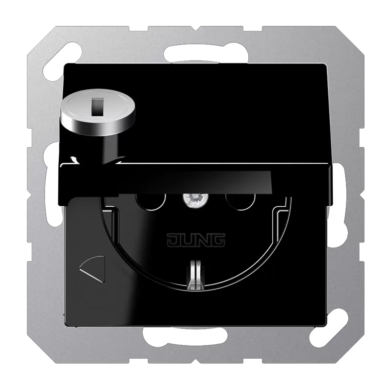 Jung SCHUKO Steckdose, 16 A 250 V ~, integrierter erhöhter Berührungsschutz, Klappdeckel, mit Sicherheitsschloss, Thermoplast, Serie A, schwarz A1520BFKLSLSW