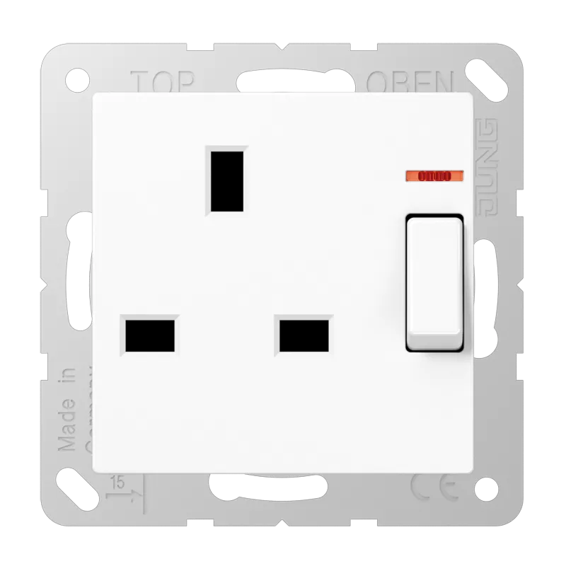 Jung Abschaltbare Steckdose mit Kontrollschalter British Standard, 13 A 250 V ~, Schraubklemmen BS 1363-1, 4 mm2, ohne Krallen, mit Funktionsanzeige, integ A3171KOWW