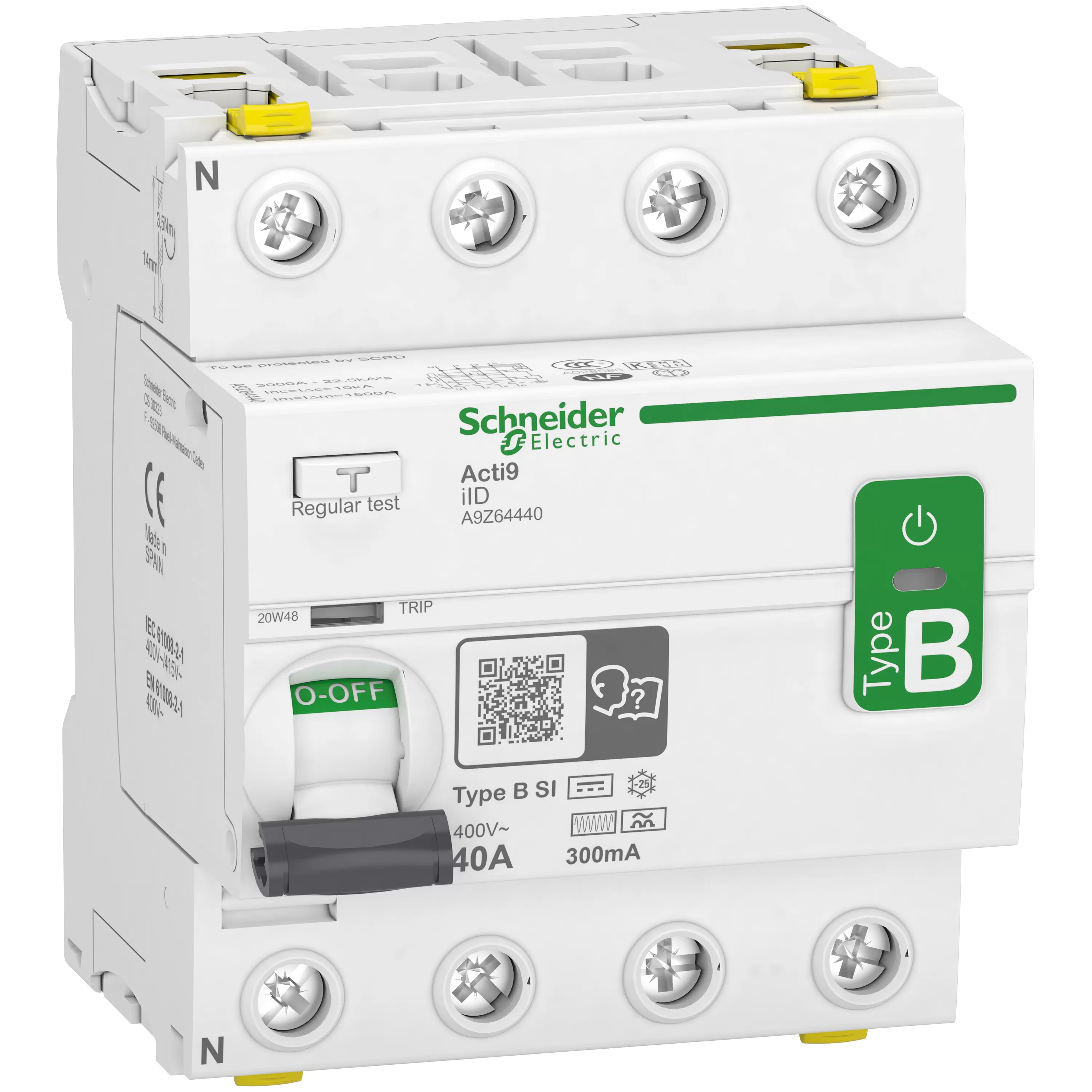 Schneider Electric Fehlerstrom-Schutzschalter Allstromsensitiv iID, 4P, 40A, Typ B-SI, 300mA A9Z64440