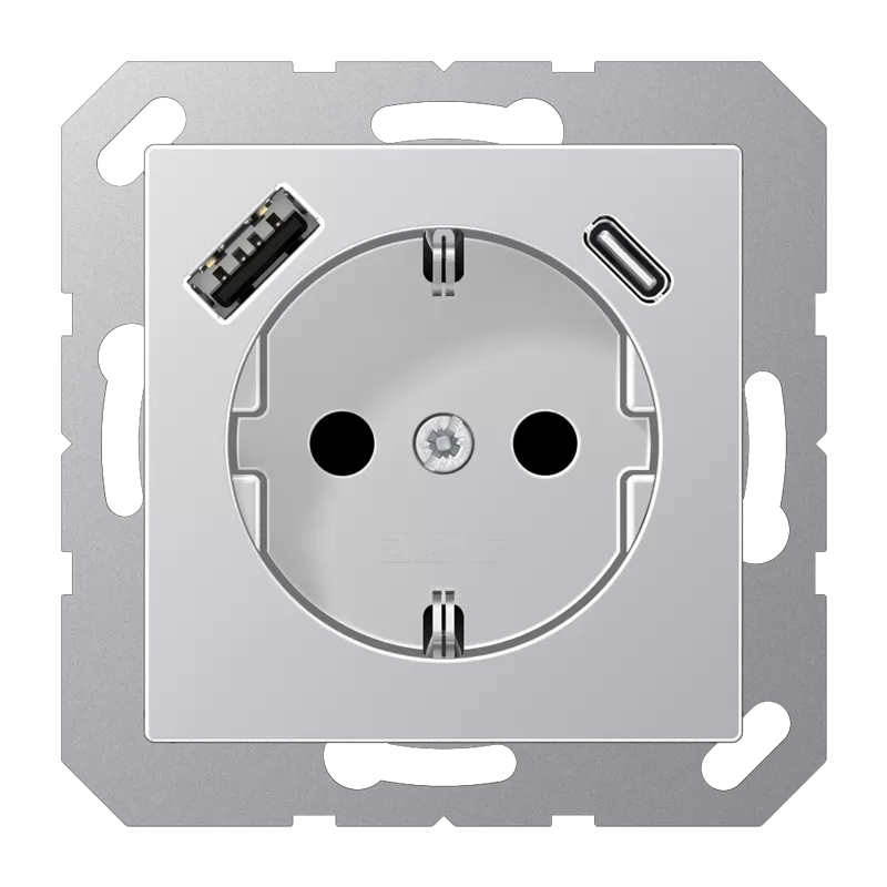 Jung SCHUKO Steckdose 16 A 250 V ~, mit USB-Ladegerät 1 x Typ A + 1 x Typ C, integrierter erhöhter Berührungsschutz, Serie A, aluminium A1520-15CAAL