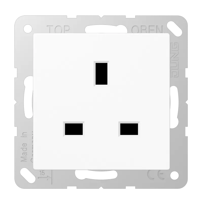 Jung Steckdose, 13 A 250 V ~, Schraubklemmen BS 1363-1, 4 mm2, ohne Krallen, integrierter erhöhter Berührungsschutz, Duroplast, Serie AS/A, alpinweiß A3521WW