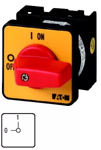 Eaton EIN-AUS-Schalter, T0, 20 A, Einbau, 2 Baueinheit(en), 3-polig, NOT-AUS-Funktion, mit rotem Knebel und gelbem Frontschild 011082