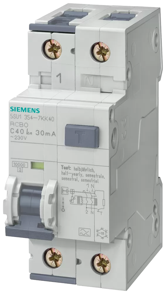 Siemens FI/LS-Schalter, 10 kA, 1P+N, Typ A, kurzzeitverzögert G, superresistent K 30 mA 5SU13547LB20