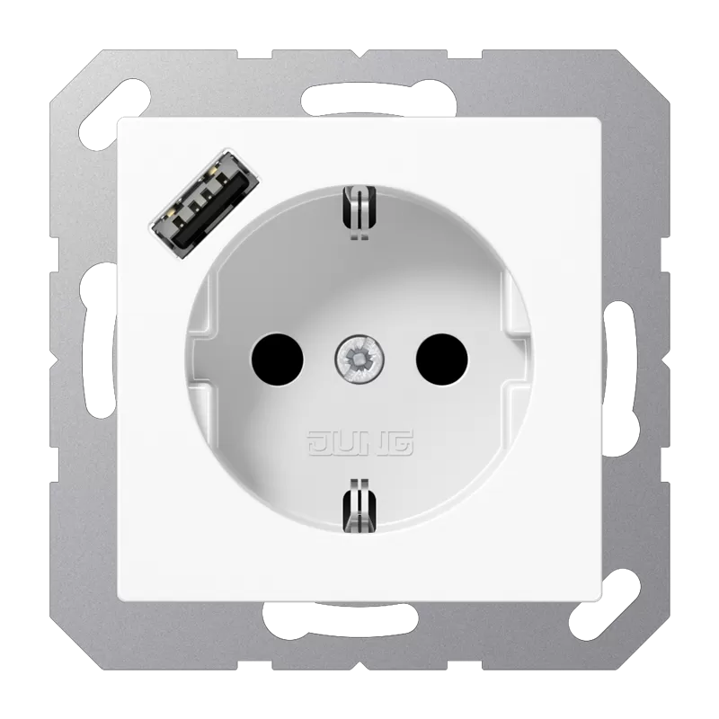 Jung SCHUKO Steckdose 16 A 250 V ~, mit USB-Ladegerät 1 x Typ A, integrierter erhöhter Berührungsschutz, Serie AS/A, alpinweiß A1520-18AWW