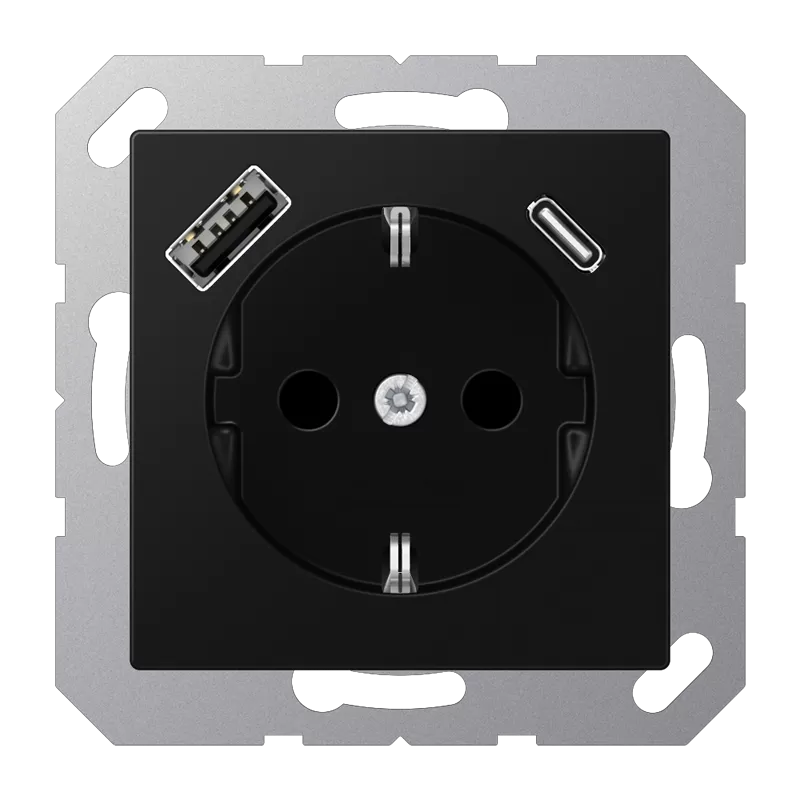 Jung SCHUKO Steckdose 16 A 250 V ~, mit USB-Ladegerät 1 x Typ A + 1 x Typ C, integrierter erhöhter Berührungsschutz, Serie A, graphitschwarz matt A1520-15CASWM