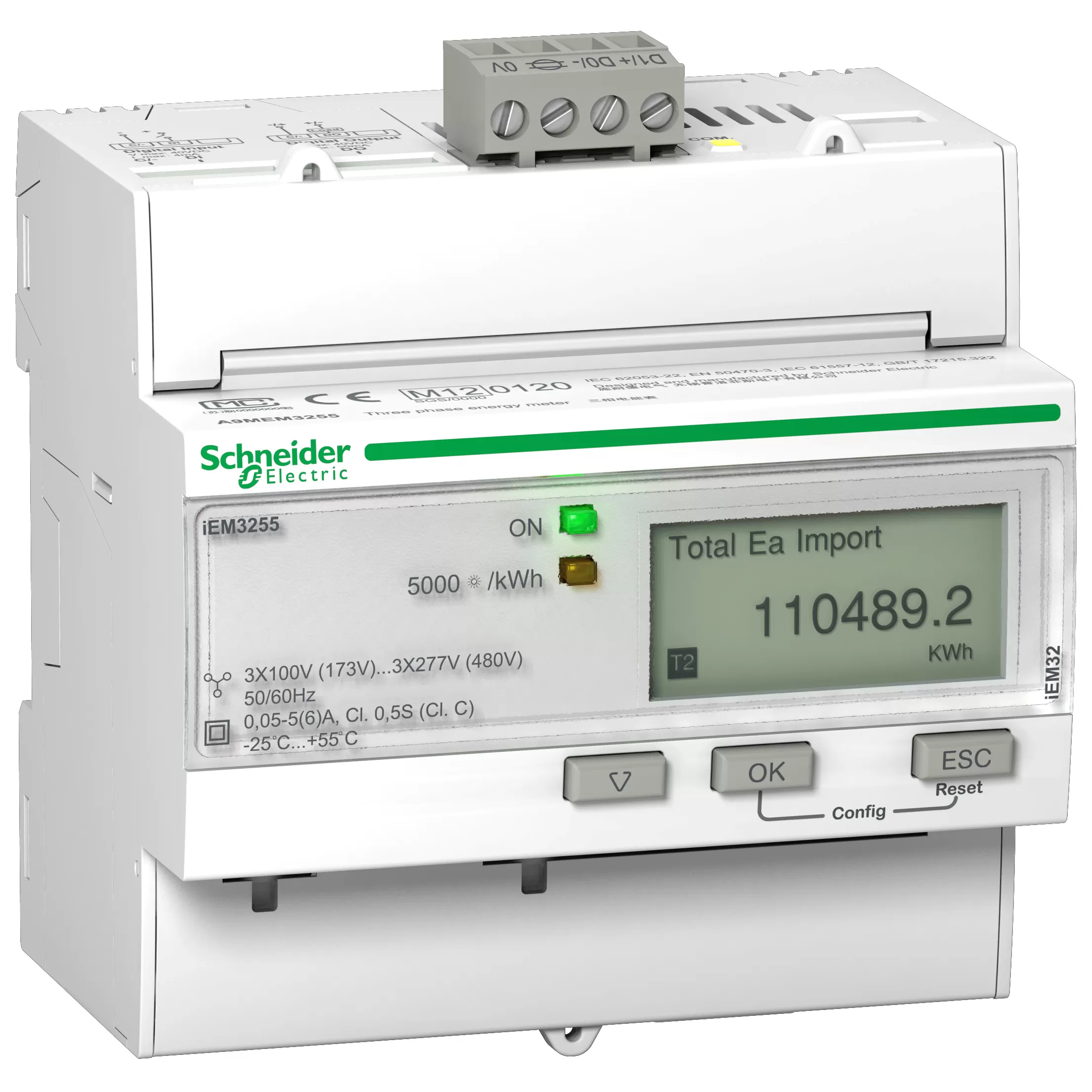 Schneider Electric Energiezähler, 3-phasig, 5A, erweiterte Messfunktion, Modbus, 1E/1A, MID konform A9MEM3255