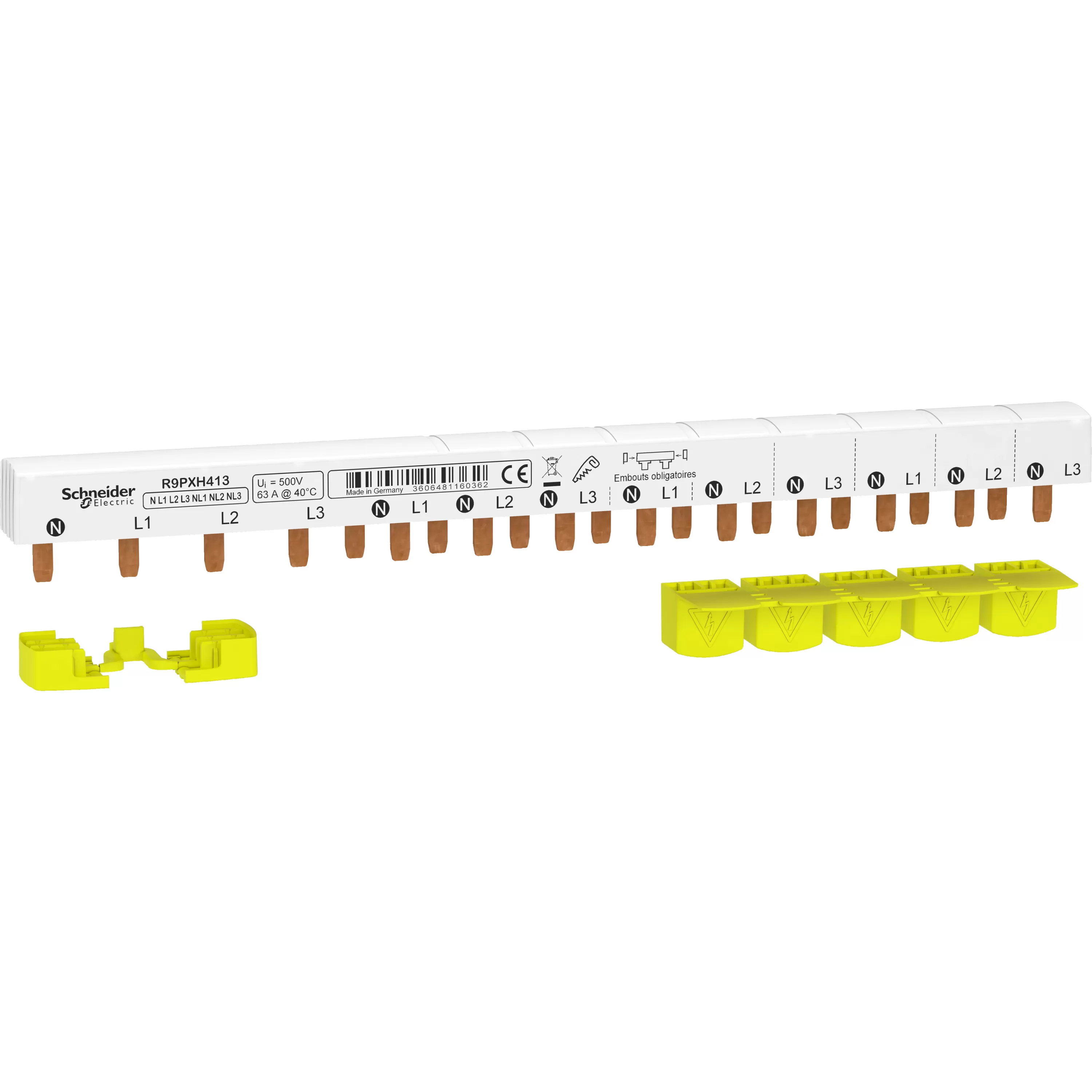 Schneider Electric Phasenschiene Stift, 4P FI, 18 mm-Abstand, 4 x AFDD 9 mm-Abstand, 63A, 3P+N R9PXH413