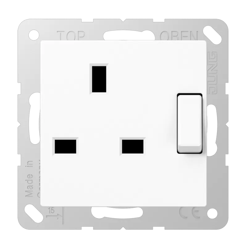 Jung Abschaltbare Steckdose British Standard, 13 A 250 V ~, Schraubklemmen BS 1363-1, 4 mm2, ohne Krallen, integrierter erhöhter Berührungsschutz, Duroplas A3171WW